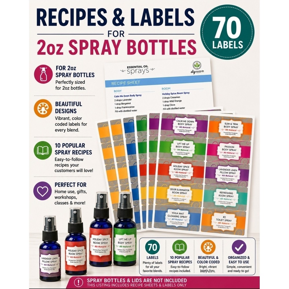 DIY 70 Essential Oil Spray Labels & 1 Recipe Sheet